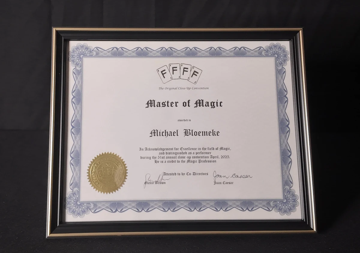 Michael Bloemeke's Master of Magic certificate from the invite-only 4F close-up convention.